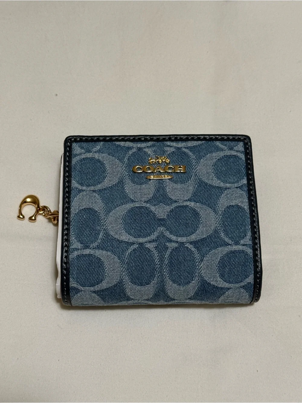 Coach Blue Denim Signature Compact Wallet with Gold Accent